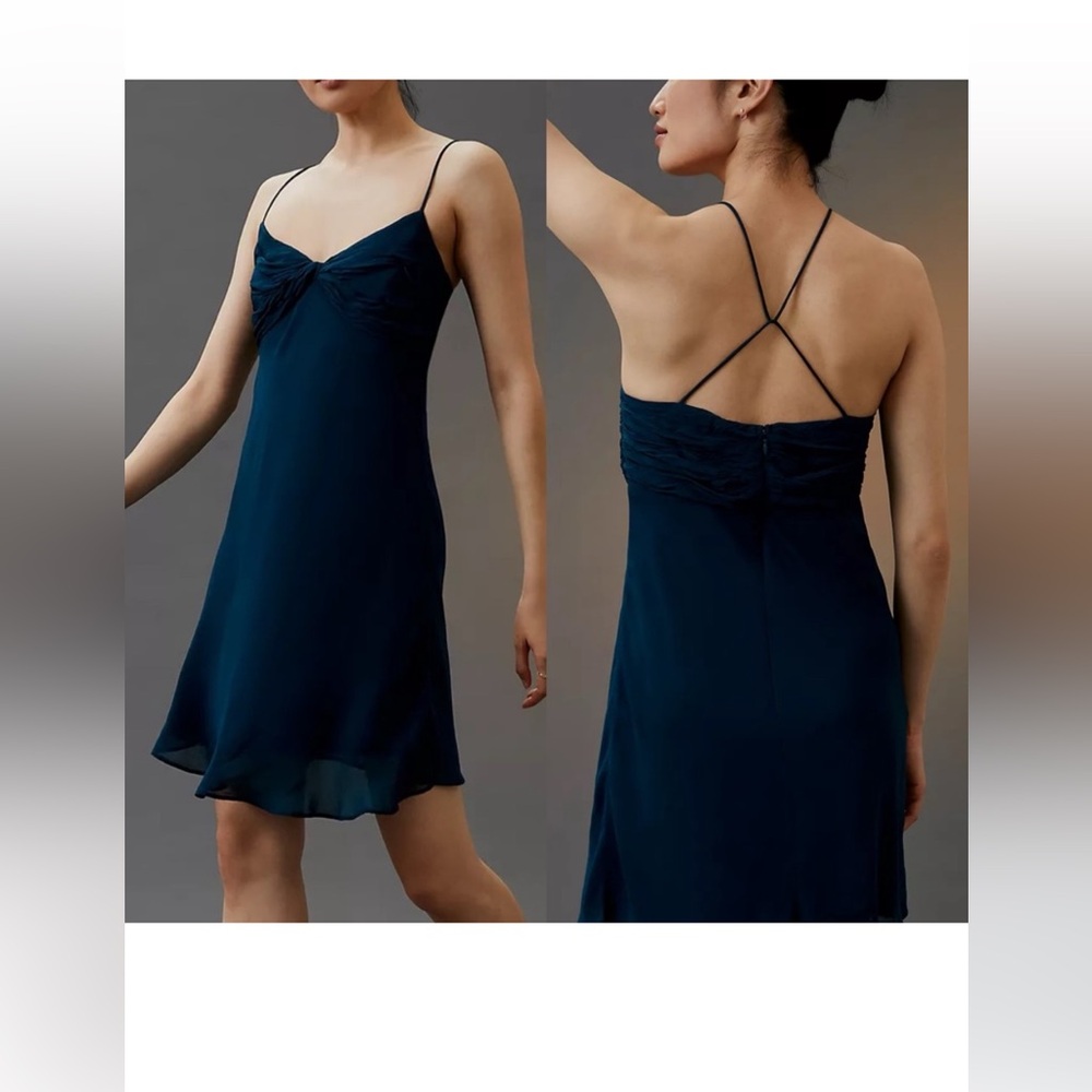 Anthropologie Teal 4 Spaghetti Strap Twist Back Mini Slip Dress Silky Party NWT